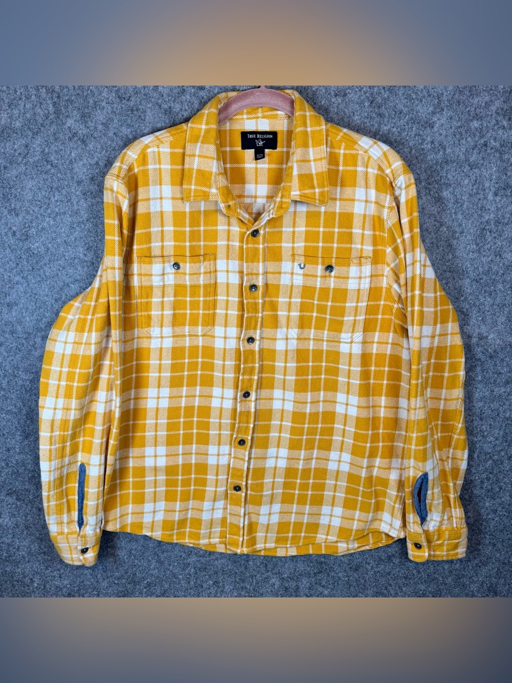 True Religion Yellow White Plaid Flannel Shirt Men’s XL Long Sleeve Button Up
